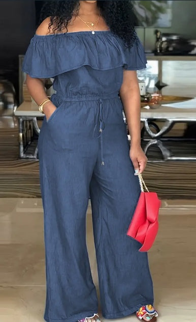 Solid Off Shoulder Tie Waist Jumpsuit Elegant Ruffle Trim Wide Leg Jumpsuit Women's Clothing Grayceful LLC