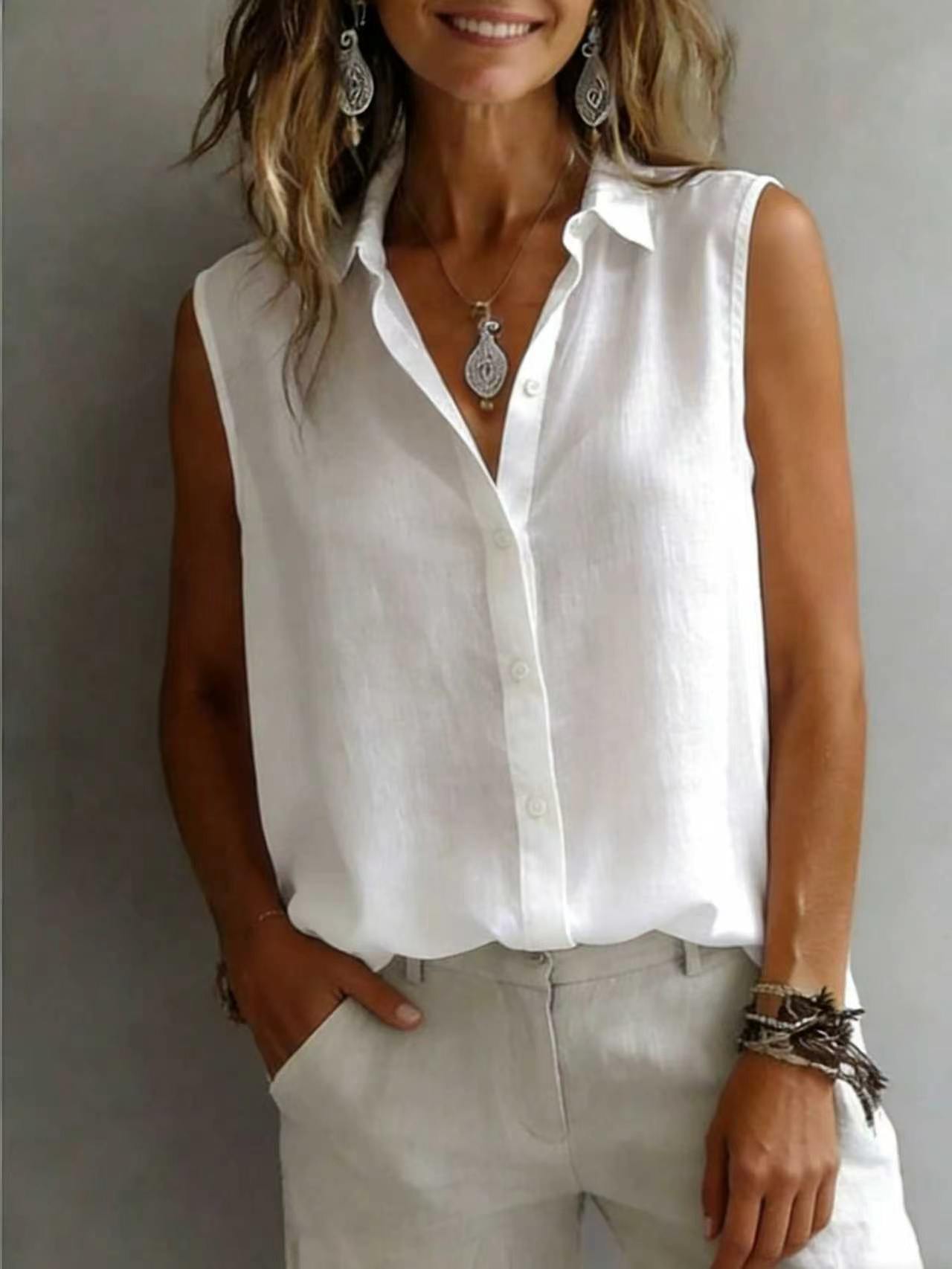 Women's Solid Color Lapel Sleeveless Top FitiqueFit
