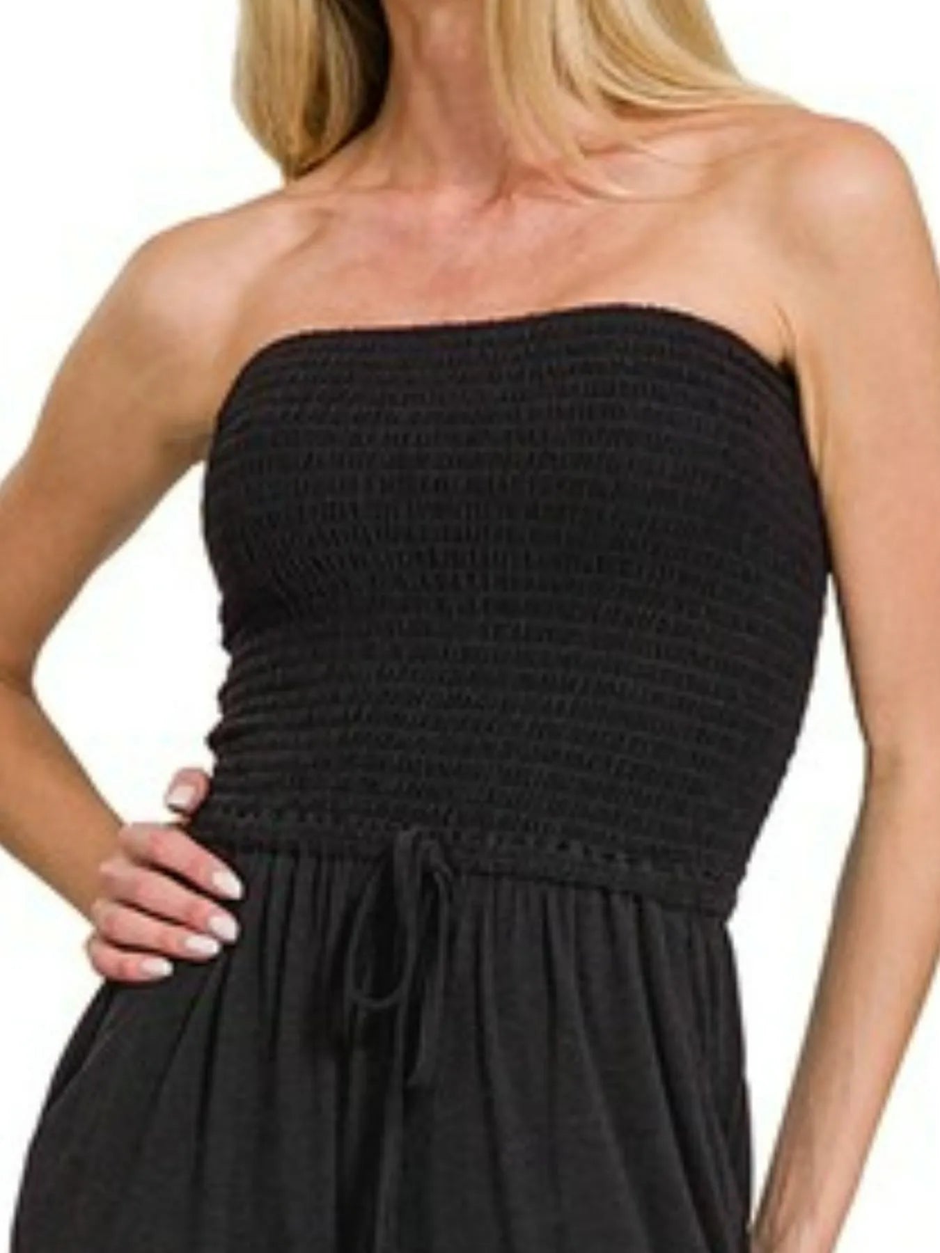 Zenana Strapless Wide Leg Smocked Jumpsuit West2East Surf