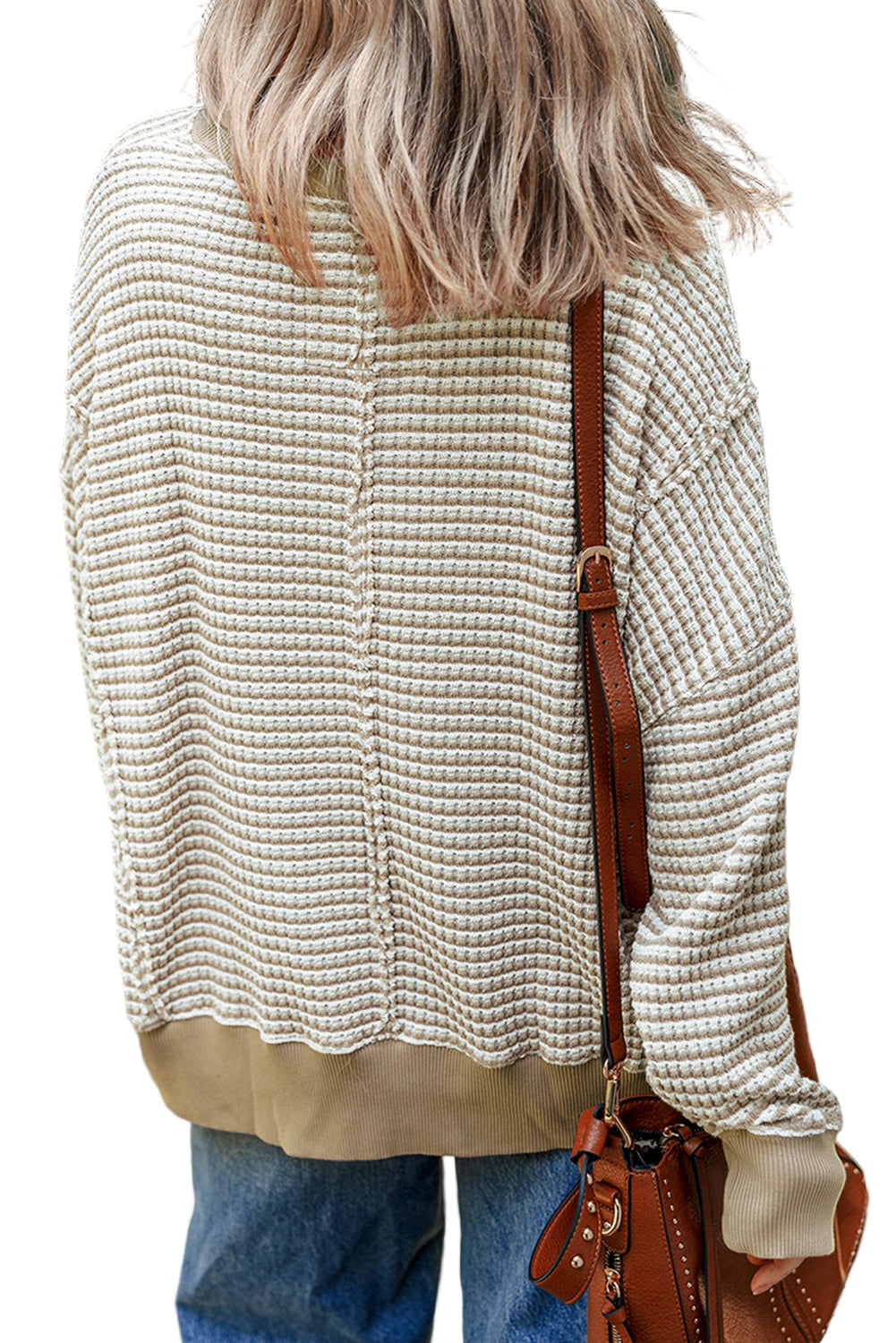 Brown Plus Size Stripe Ribbed Trim Drop Shoulder Long Sleeve Oversized Top Garden Naked Curves