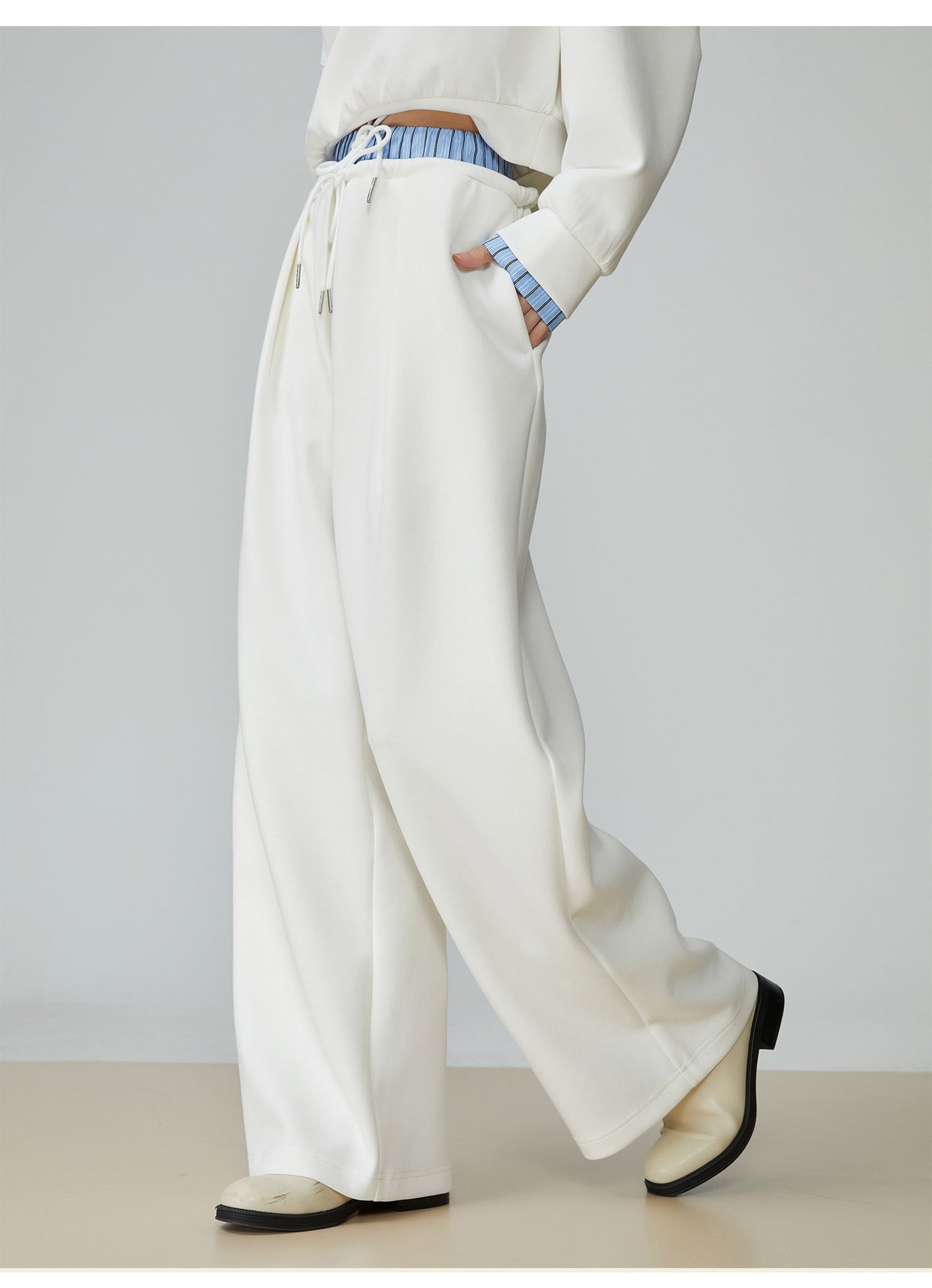 Two Piece Set Of Blue And White Striped Collared Sloping Shoulder Hoodie And Wide Leg Pants See size chart under “more details” The Fashion Celestial