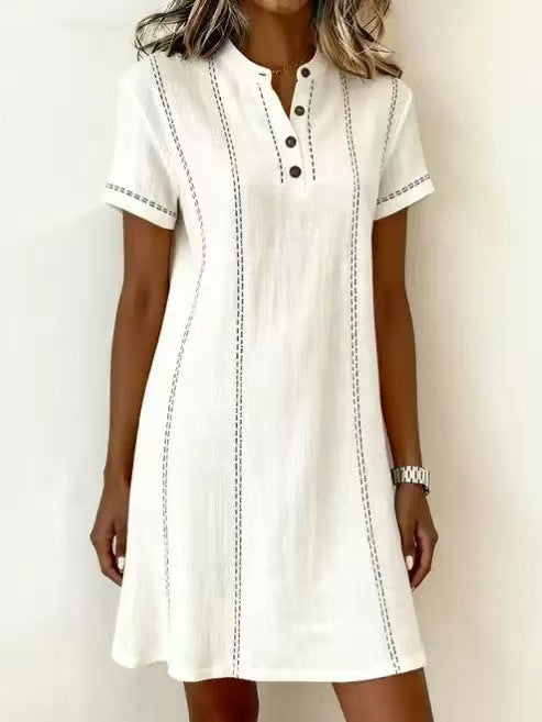 Women's Printed Button-Up Stand Collar Midi Dress – 3/4 Sleeve Loose Fit FitiqueFit