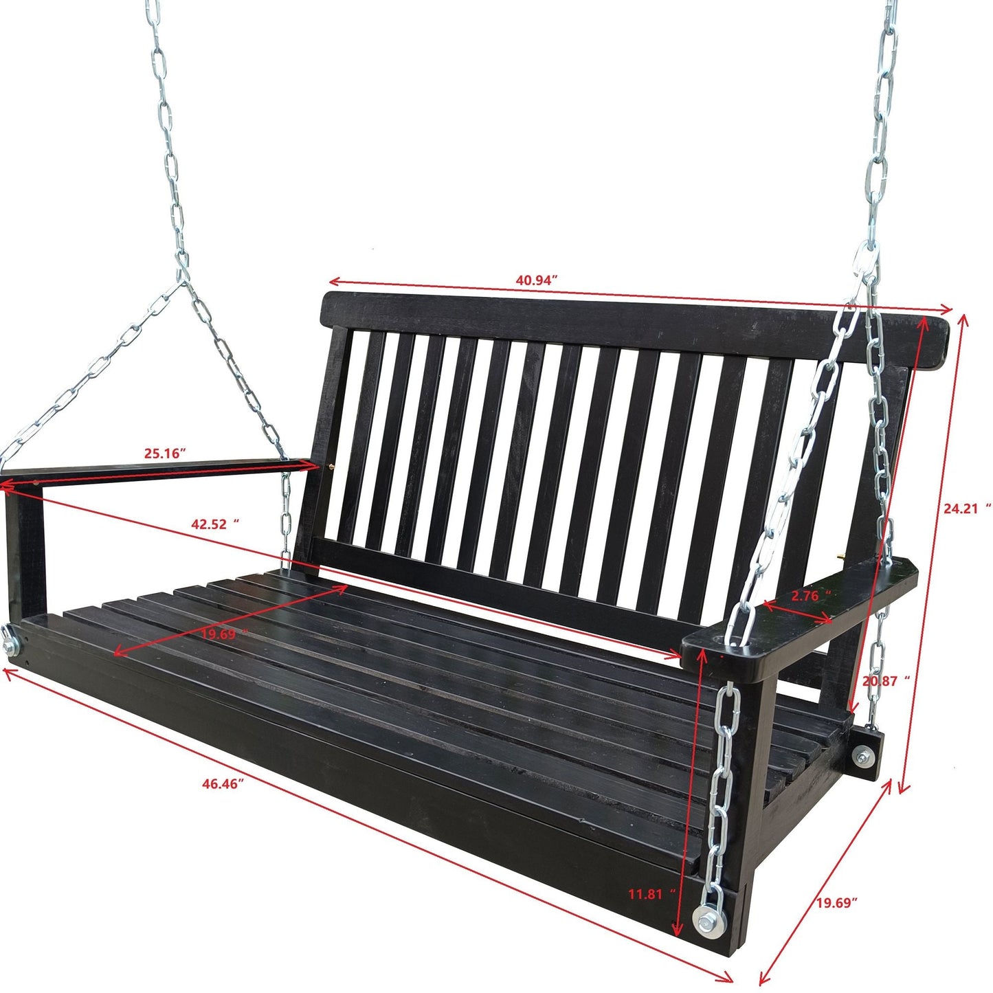 Front Porch Swing with Armrests; Wood Bench Swing with Hanging Chains; for Outdoor Patio ; Garden Yard; porch; backyard; or sunroom; Easy to Assemble; black New Era Fashion LLc
