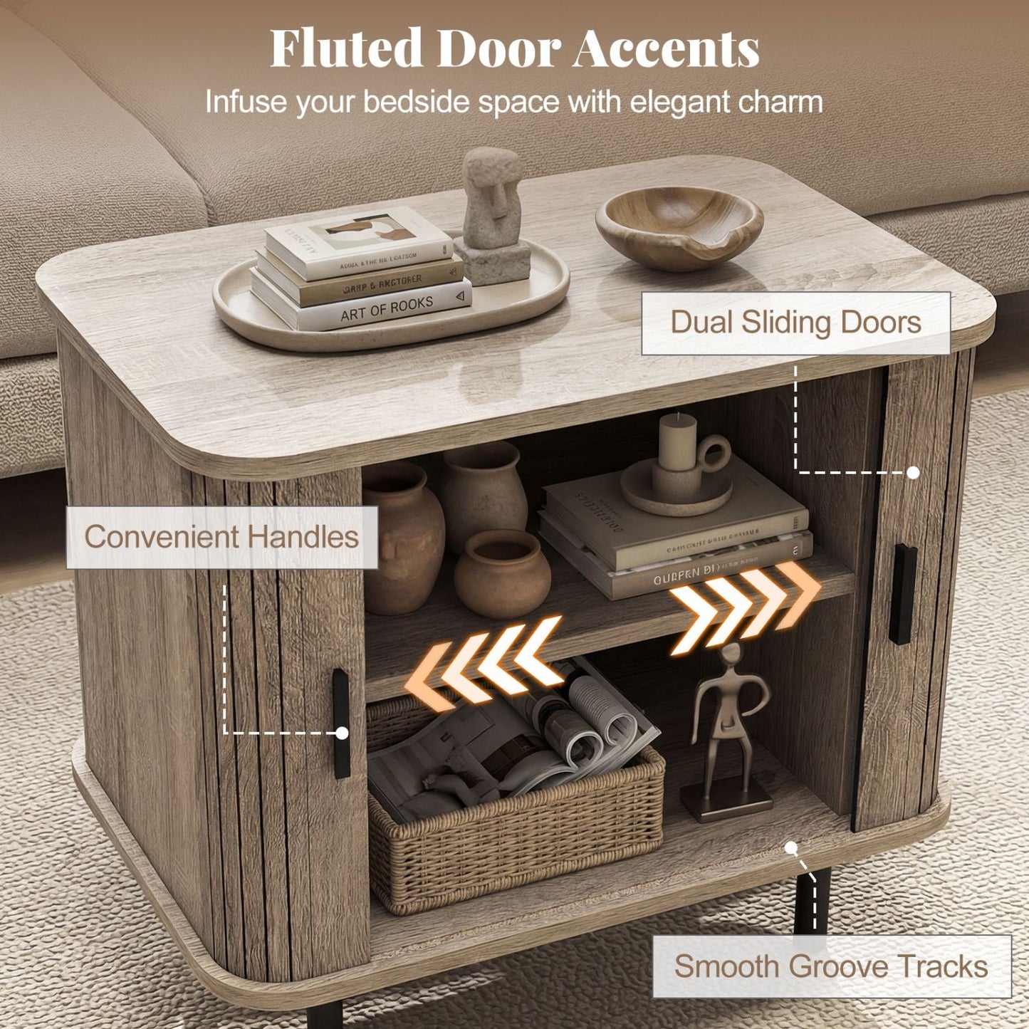 End Table Modern Mid Century Nightstand with Sliding Tambour Doors and Storage Shelf New Era Fashion LLc