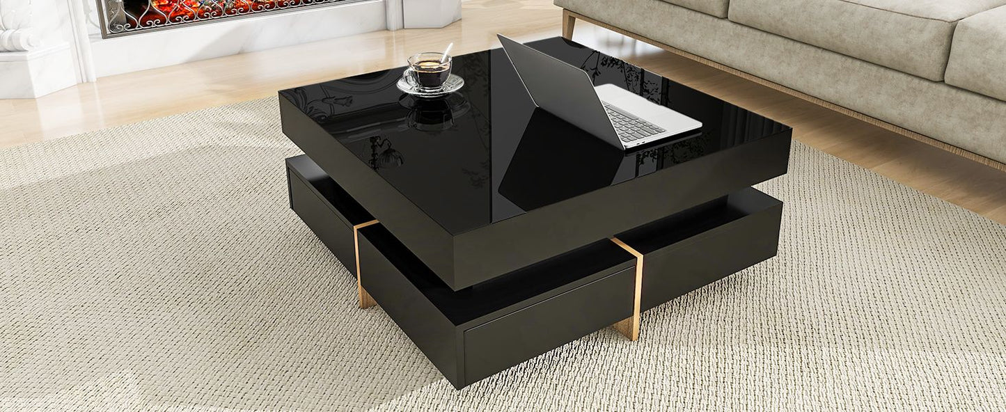 Sleek Black High Gloss Modern Coffee Table with 4 Drawers for Organized Living Rooms, Square Design with Wood Grain Legs, Ideal Cocktail Table 31.5''x31.5'' New Era Fashion LLc