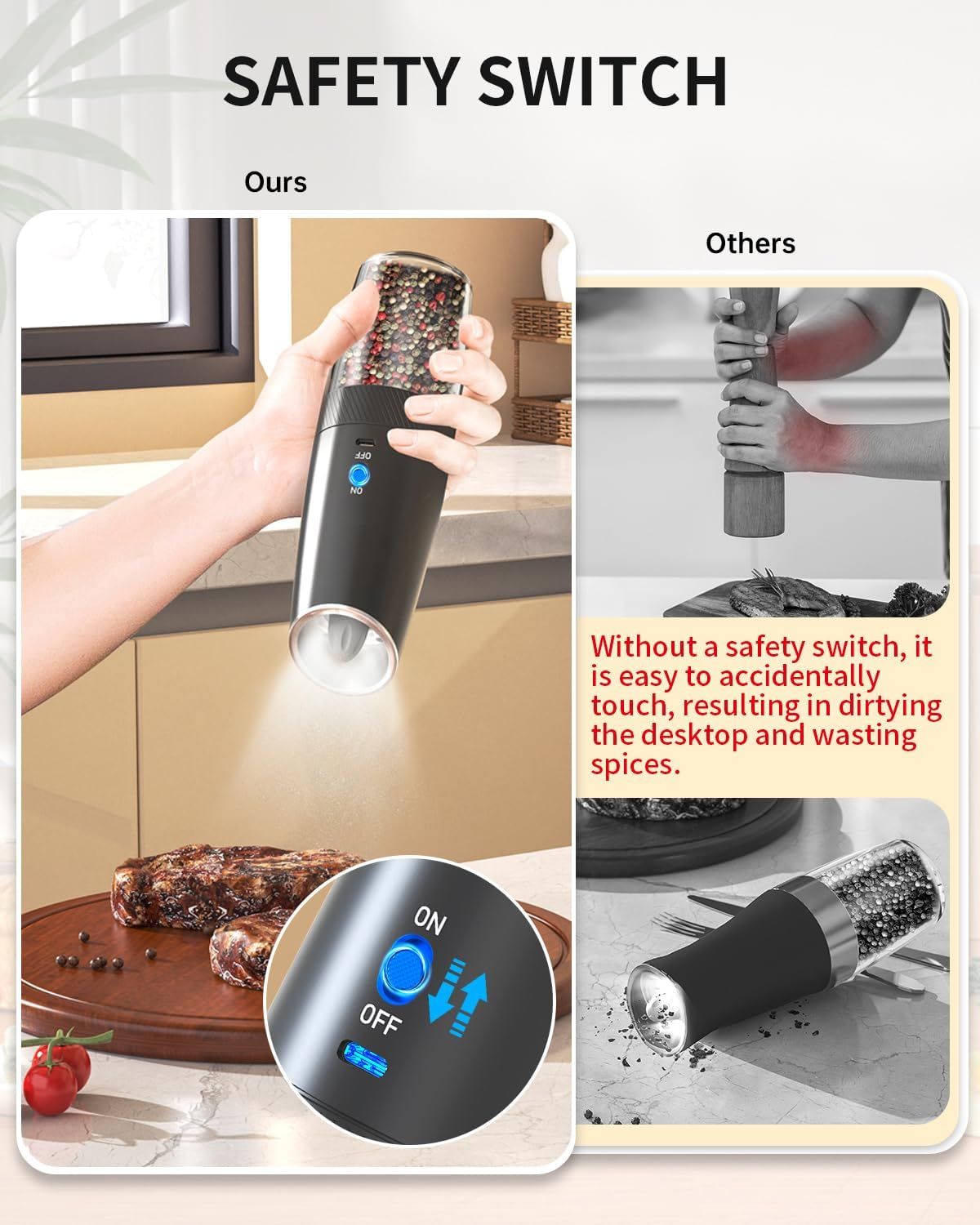 Rechargeable Electric Salt and Pepper Grinder Set Gravity Salt and Pepper Mills Set with LED Light, No Battery Needed, Adjustable Coarseness, Washable 135ml Container, Black New Era Fashion LLc