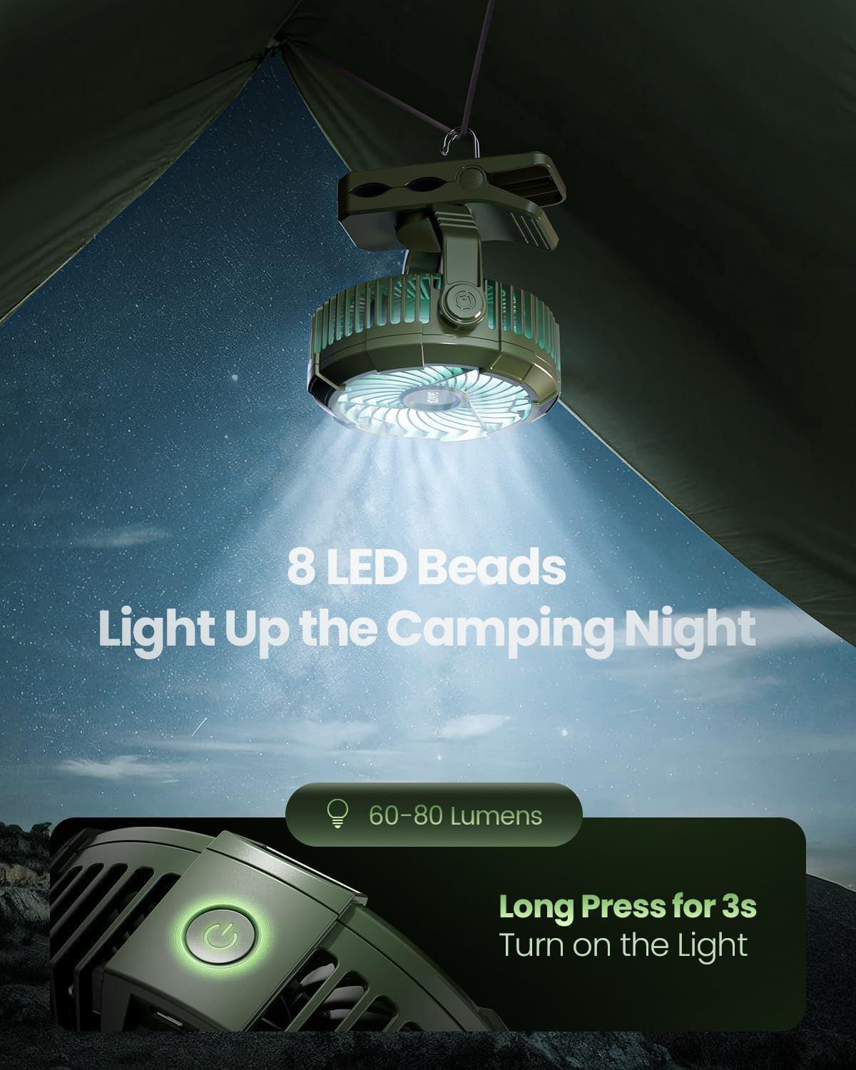 Portable Camping Fan with LED Lantern, 360°Rotation and Clip on for Desk, 4000mAh USB Rechargeable Battery Powered, Digital Display and Hanging Hook for Tent Outdoor Travel Bedroom Black New Era Fashion LLc