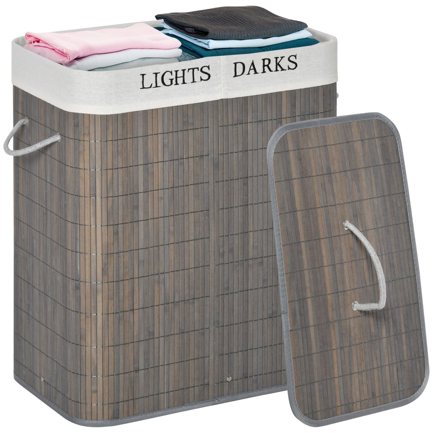 26.4-Gals Bamboo Laundry Hamper with Lid and Handles, 2-Section Collapsible Laundry Basket, Gray New Era Fashion LLc