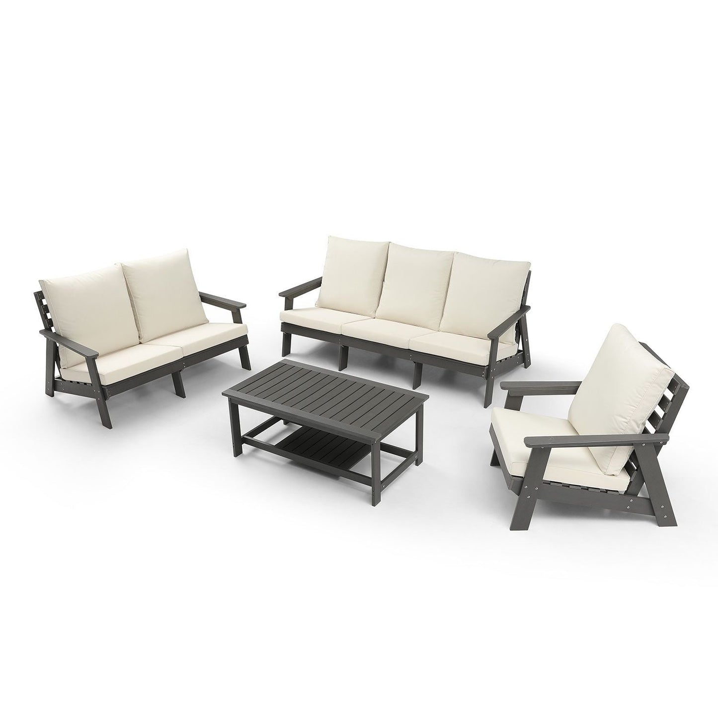 HIPS Loveseat with Cushion, Wood Grain Outdoor Garden Sofa, Sofa Set for Porch, Poolside, Terrace, and Yard Grey/Beige New Era Fashion LLc