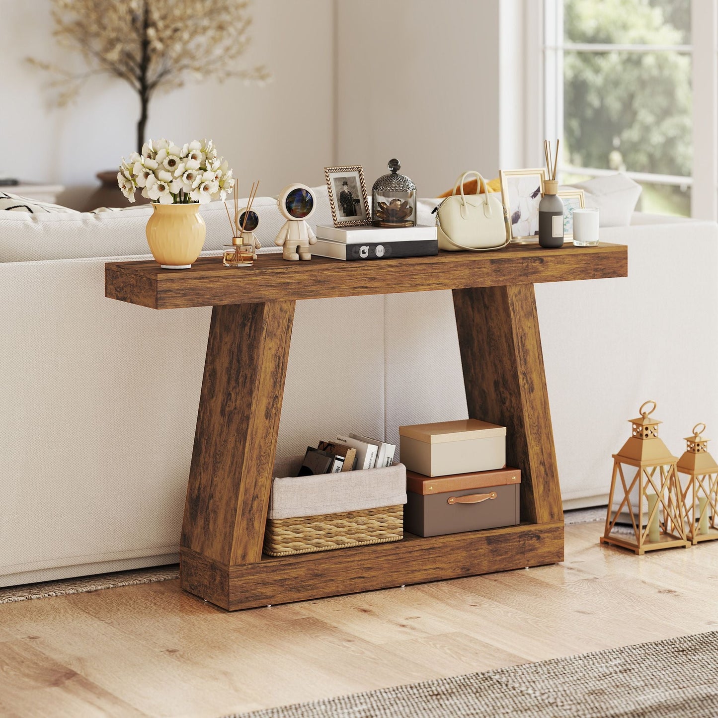 55" Farmhouse Console Table, 2-Tier Entryway Table with Storage for Hallway, Living Room, Behind Couch, Rustic Brown New Era Fashion LLc