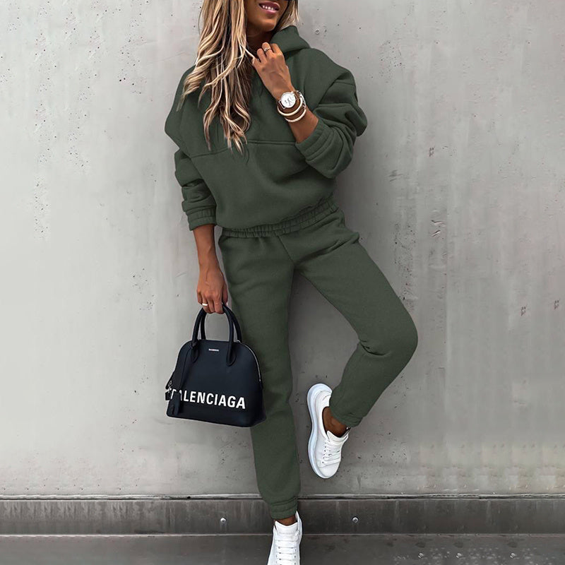 women's two piece solid color hooded sweatshirt set FitiqueFit