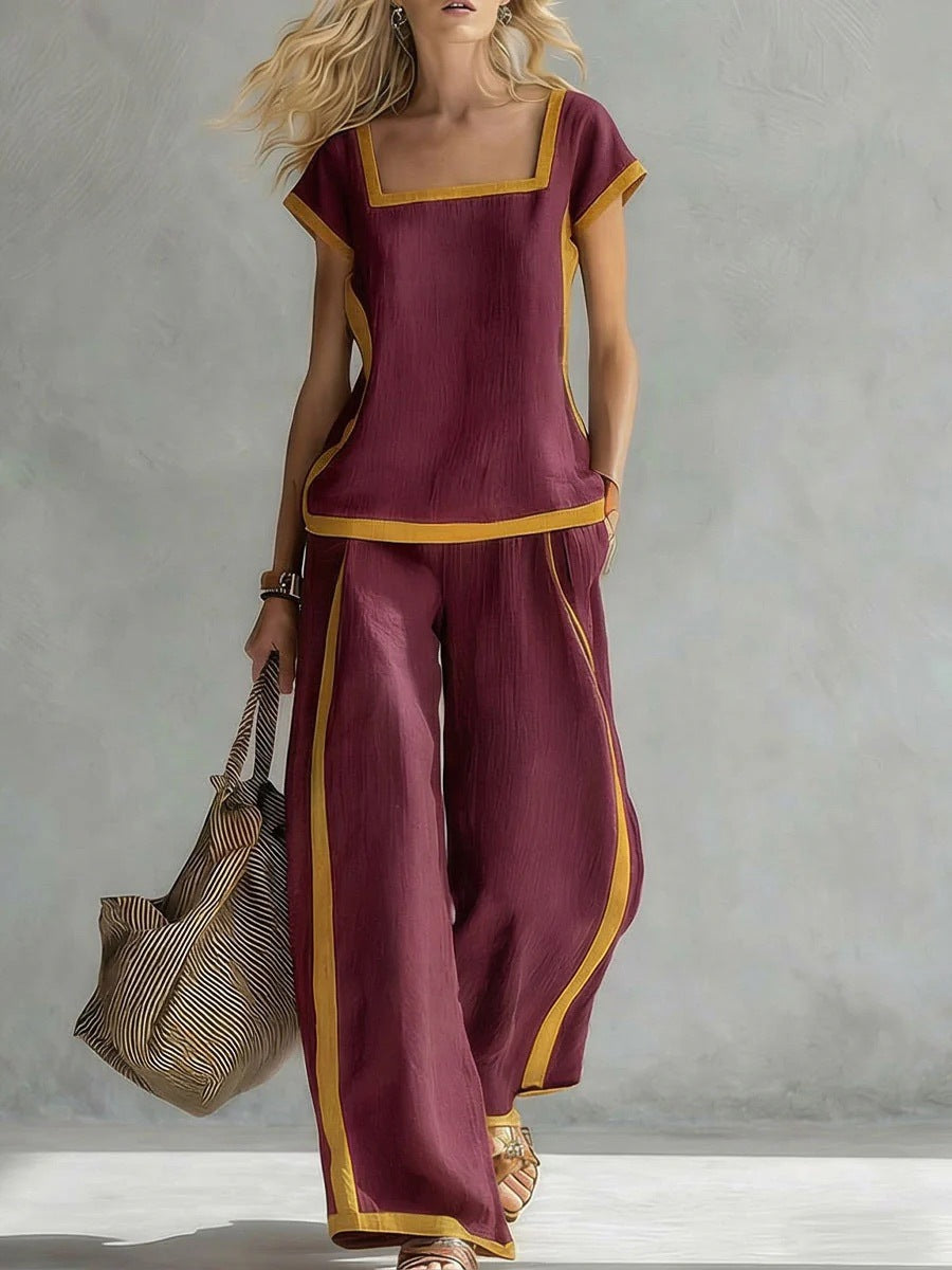Square-Neck Three-Quarter Sleeve Loose Top & Pants Two-Piece Set FitiqueFit