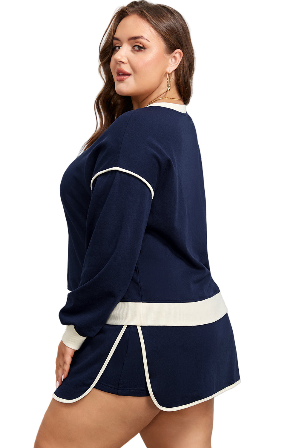 Navy Blue Plus Color Block Drop Shoulder Top and Lace-up Skirt Outfit Garden Naked Curves