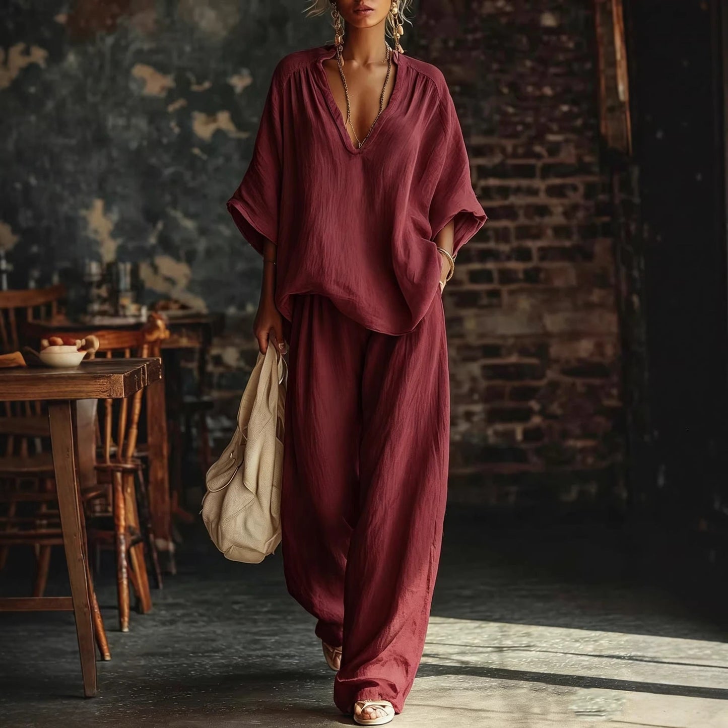 V-Neck Loose Short-Sleeve Top & Pants Set – 5 Colors, S–4XL FitiqueFit