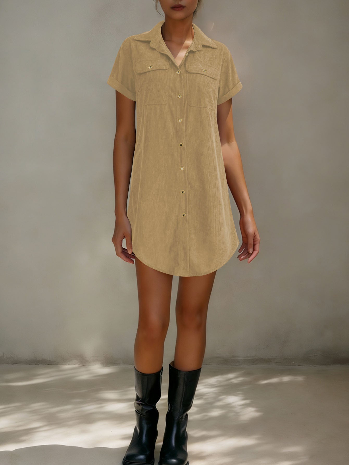 Women’s Retro Casual Corduroy Short Sleeve Shirt Dress FitiqueFit