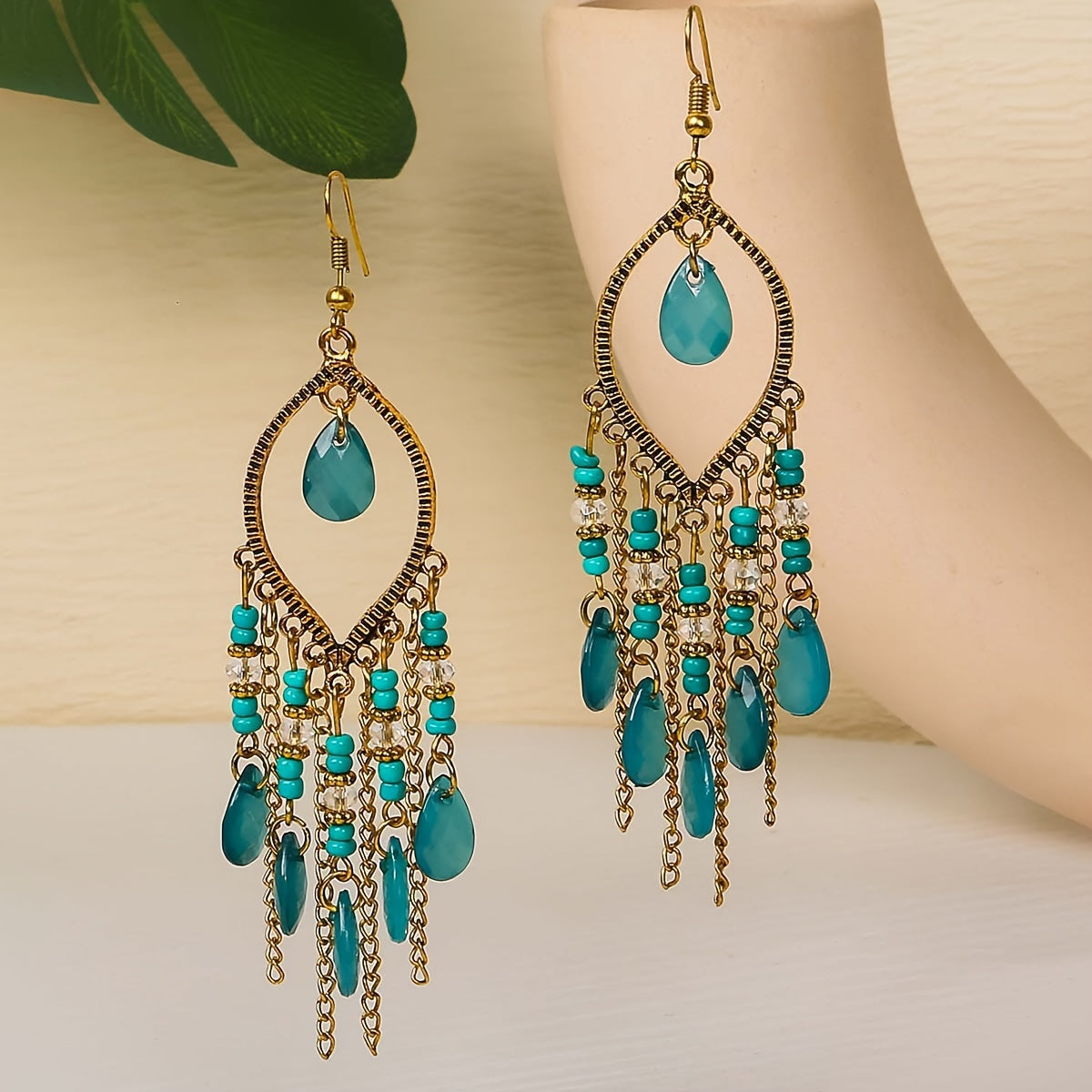 Hollow Teardrop Natural Stone Chain Design Dangle Earrings Alloy Jewelry Exquisite Female Gift Tourism Souvenir NovaCart
