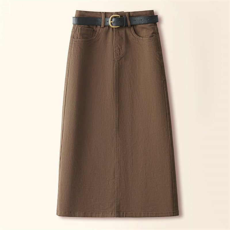 Brown A- Line Straight Skirt Retro Slit Hip Skirt Grayceful LLC