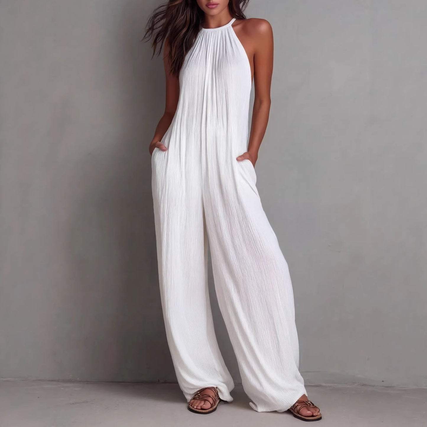 Women's Sleeveless Open-Back Wide-Leg Pleated Jumpsuit FitiqueFit