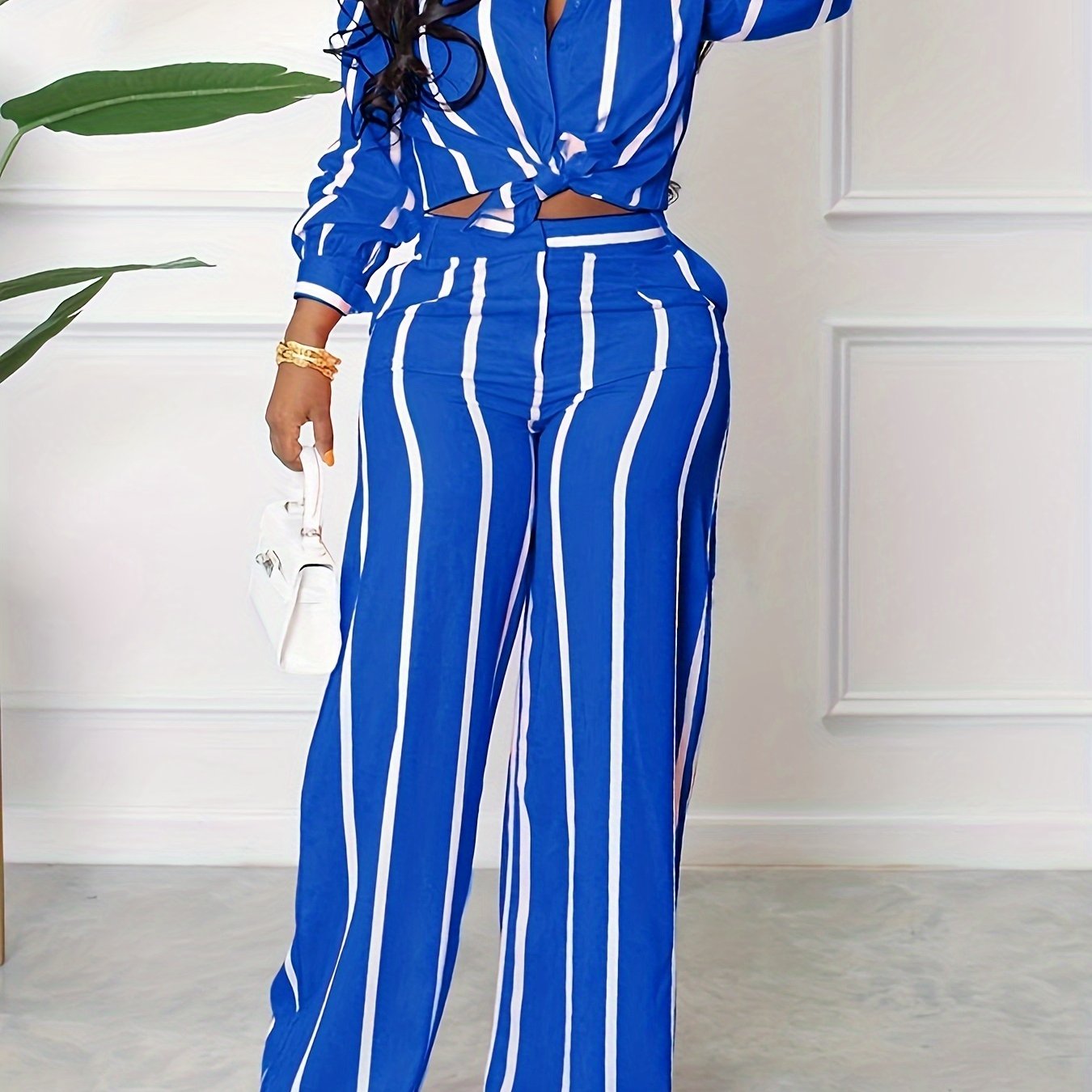 Women's Striped Print Two-piece Set - Button Front Collar Long Sleeve Shirt & High Waist Wide Leg Loose Pants Set - Casual Style - For Women - Perfect for Everyday Wear & Loungewear - Great Gift for Fashionable Women NovaCart