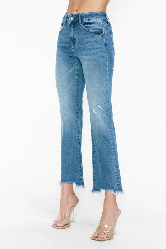 bytos Raw Hem Distressed Mid Rise Crop Jeans New Era Fashion LLc