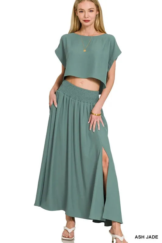 Zenana Heavy Woven Span Crop Tee & Skirt Set West2East Surf