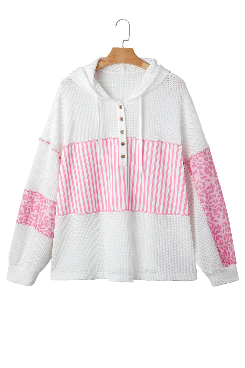 Pink Stripe Leopard Patchwork Waffle Knit Buttoned Plus Size Hoodie Garden Naked Curves