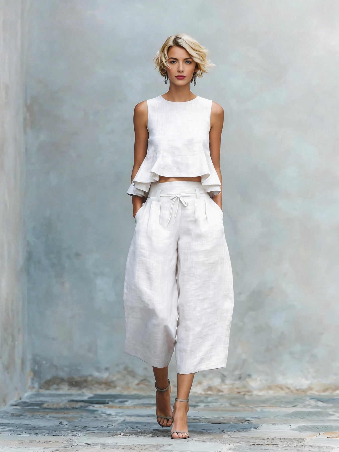 Women’s Linen-Blend Sleeveless Two Piece Set with Ruffled Detailing FitiqueFit