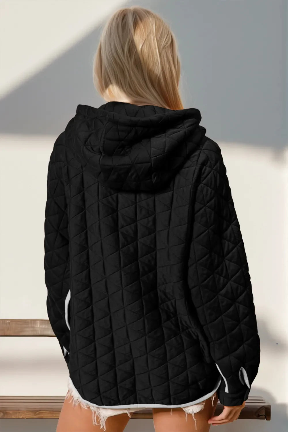 Double Take Contrast Trim Long Sleeve Half Snap Texture Hoodie with Pocket New Era Fashion LLc