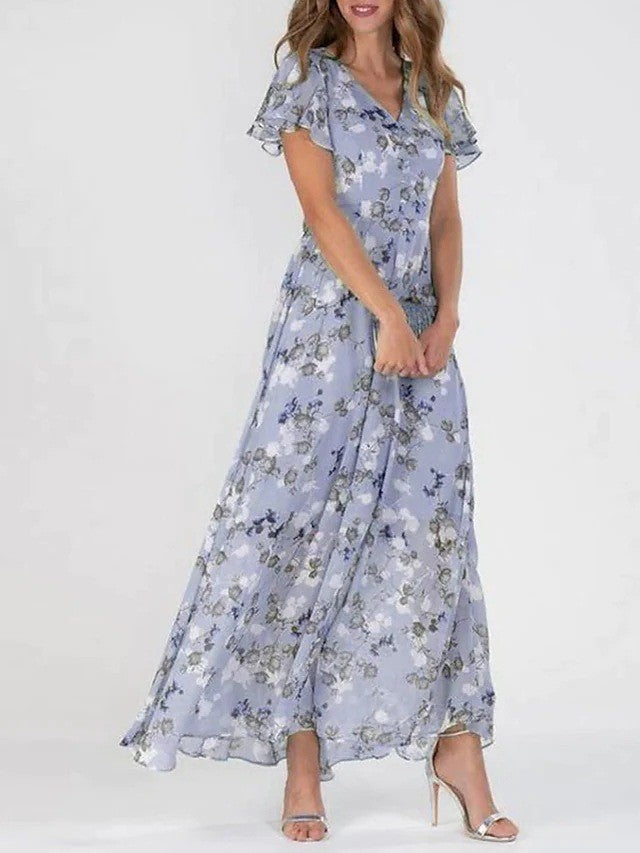Flowers Print Short Sleeve Dress Summer Fashion Ruffle Beach Dresses Women's Clothing Grayceful LLC