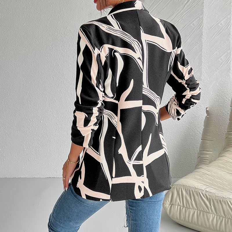 Women's Abstract Print Blazer Button Long Sleeve Work Jacket FitiqueFit