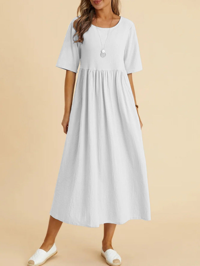 Plus Size Cotton Linen Midi Dress | Round Neck Pocket Dress FitiqueFit