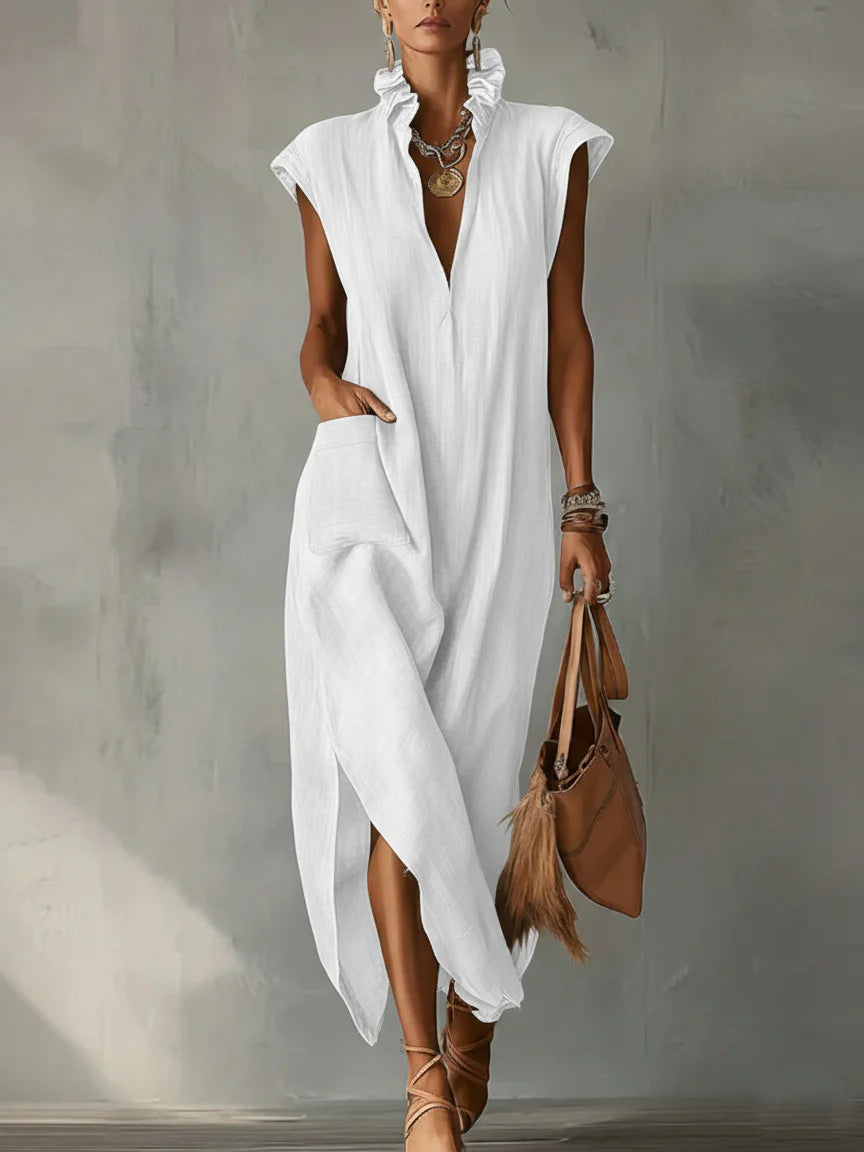 Women’s Cotton-Linen Sleeveless Solid-Color Shirt Dress FitiqueFit