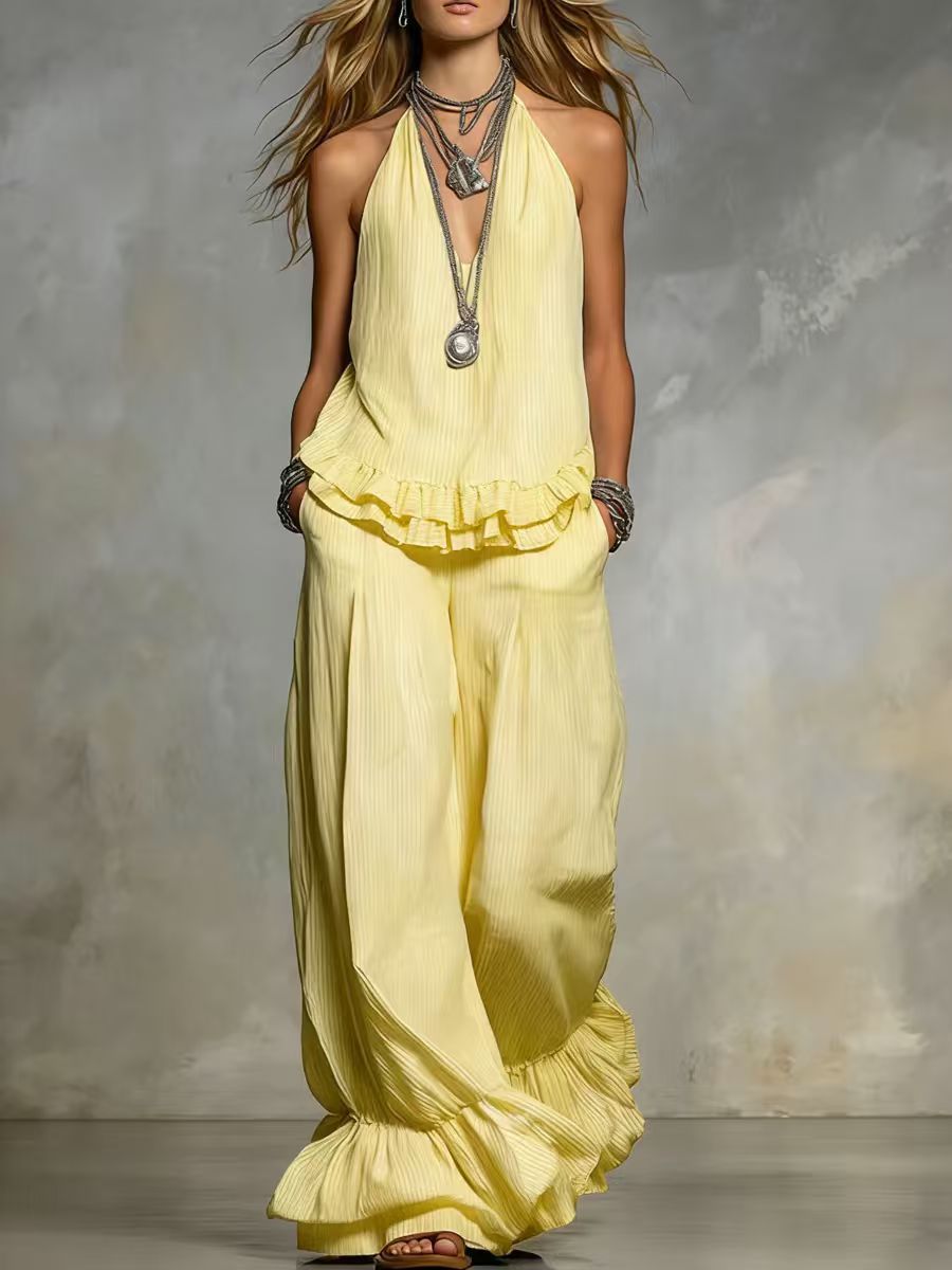 Women's V-Neck Ruffle-Trim Puff-Sleeve Two-Piece Set FitiqueFit