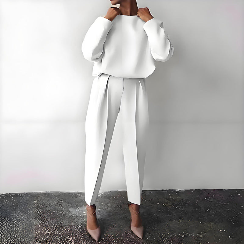 Women’s Solid Color 2-Piece Set – Long Sleeve Top & Pleated Pants Loungewear FitiqueFit