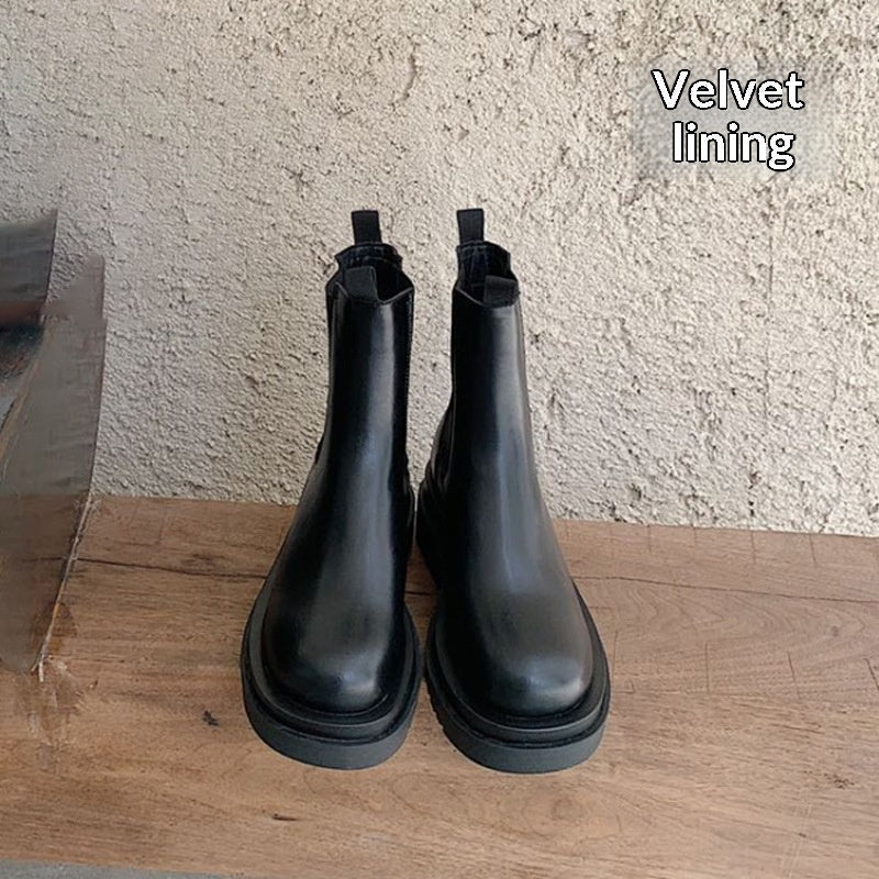 Women’s British-Style Mid-Calf Thick-Soled Leather Boots FitiqueFit