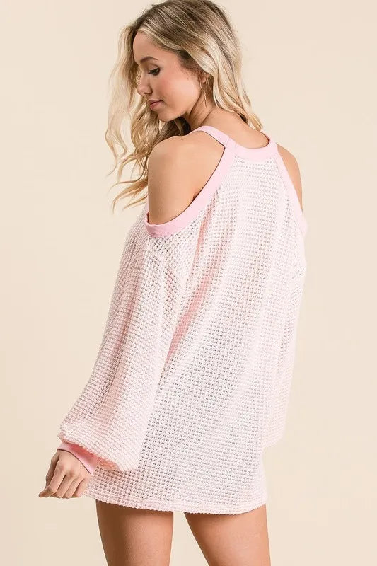 BiBi Popcorn Waffle Top with Cold Shoulder Detail See size chart under “more details” The Fashion Celestial