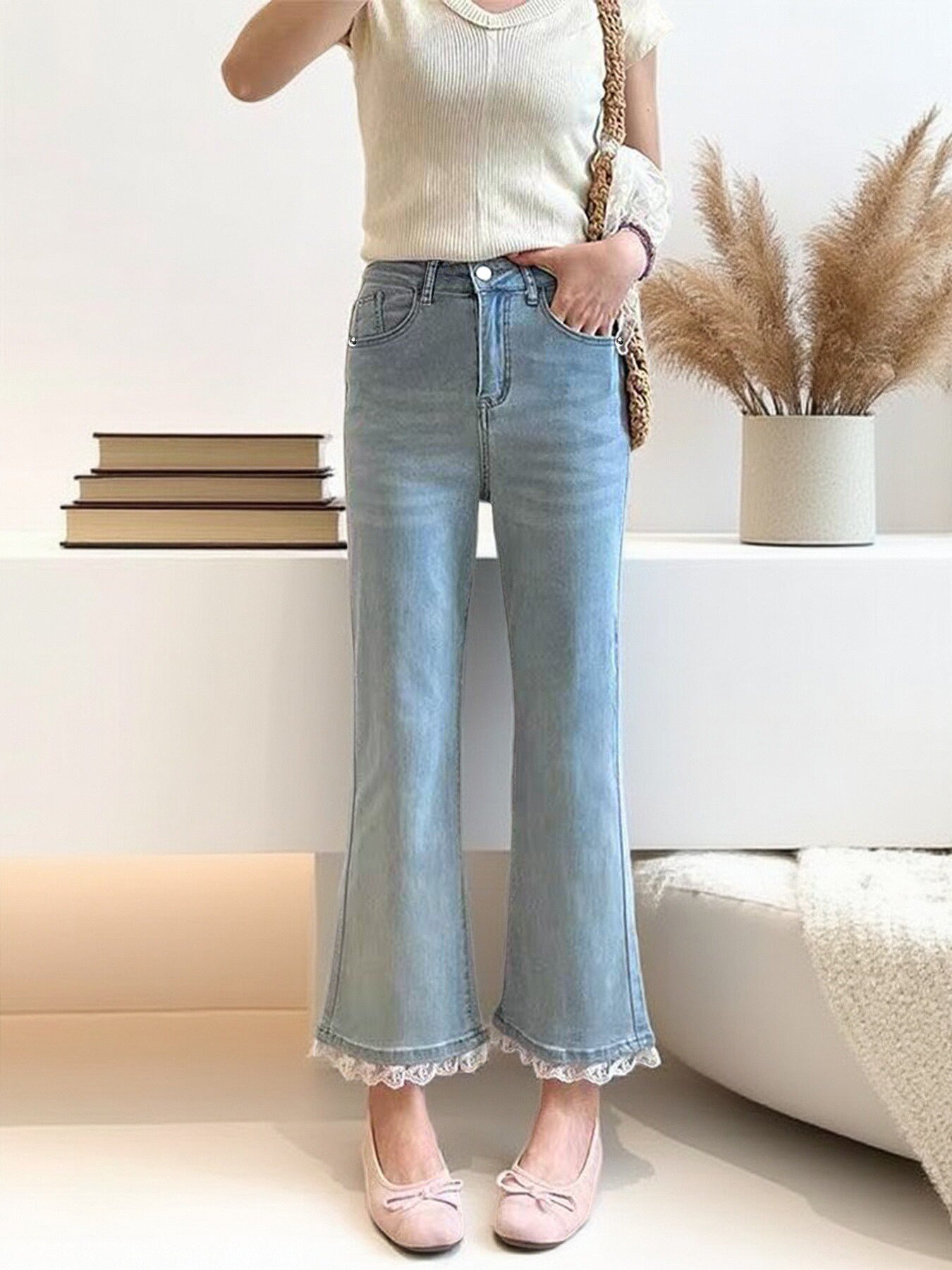 Light Blue Micro-Flare Lace Stretch Jeans for Women FitiqueFit