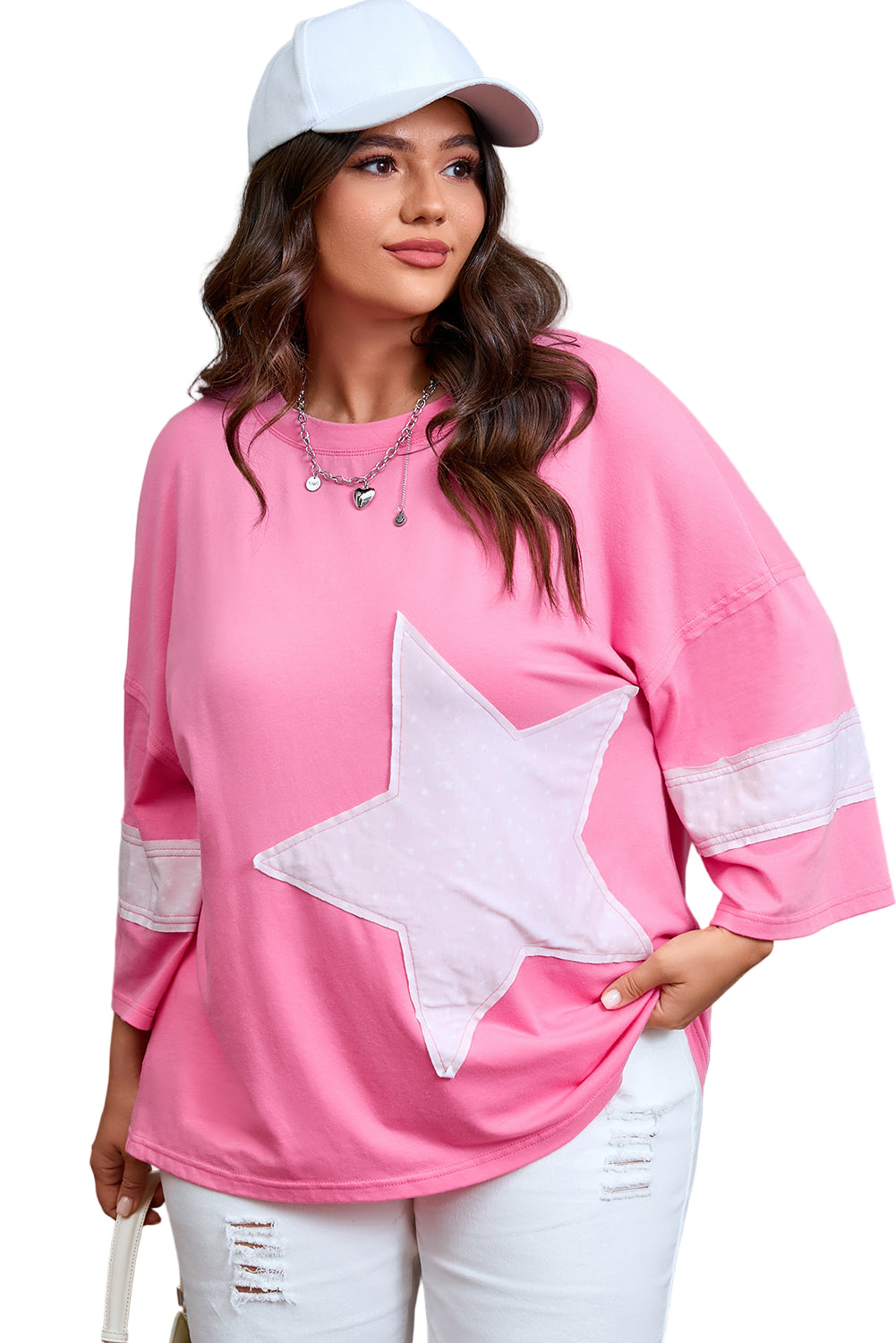 Pink Raw Edge Frayed Star Patched Plus Size Top Garden Naked Curves