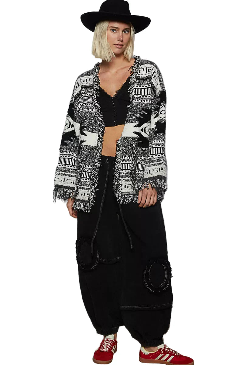 POL Open Front Geometric Print Cardigan with Fringe Detail West2East Surf