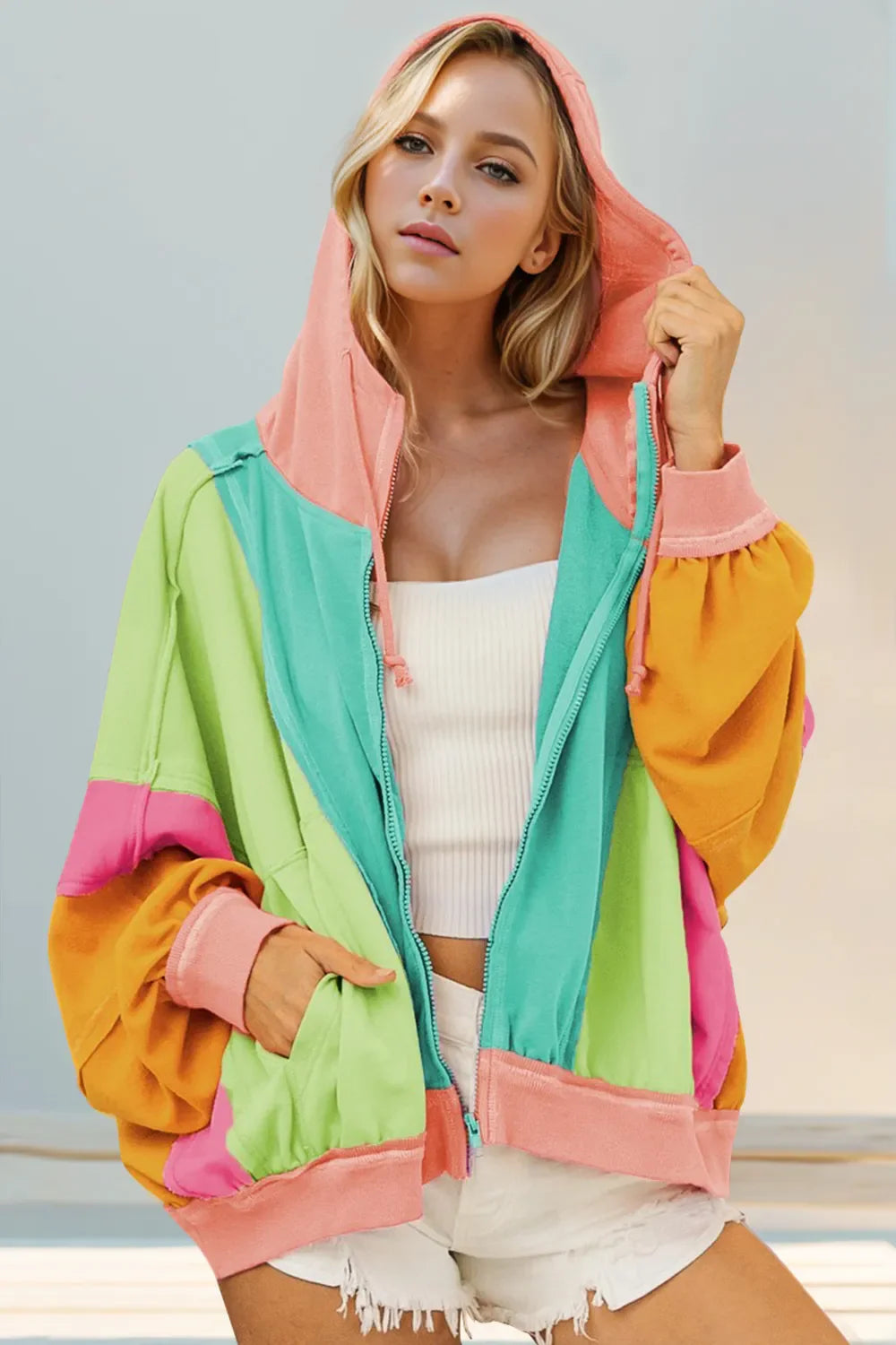 Double Take Full Size Color Block Zip Up Hoodie See size chart under “more details” The Fashion Celestial