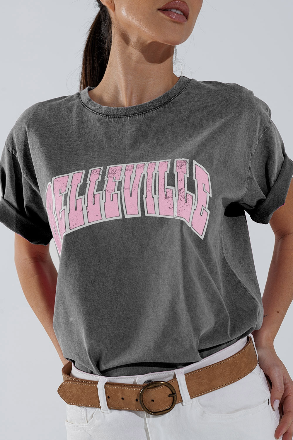 Grey Crew Neck T-shirt With Belleville text Q2store