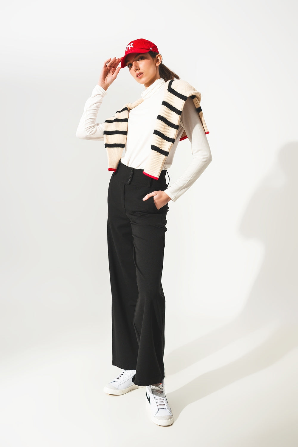 High neck long sleeve top in cream modal Q2store