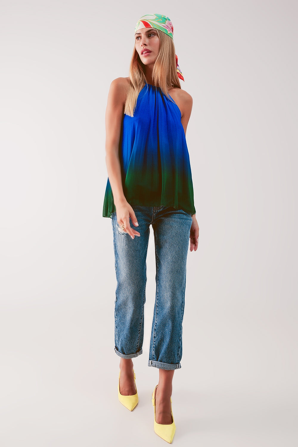 High neck pleat top in blue ombre Q2store