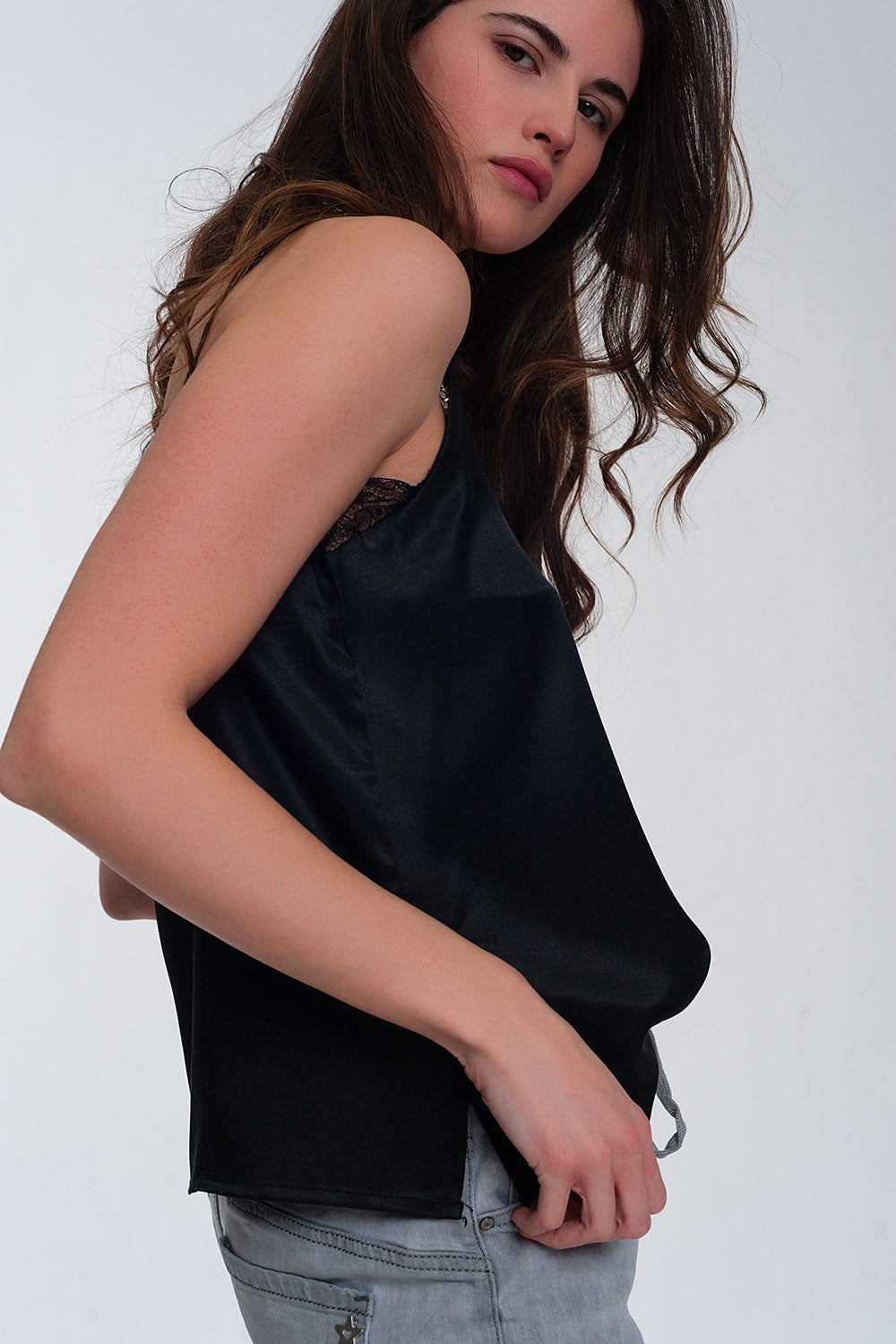 Lace insert satin cami top in black Q2store