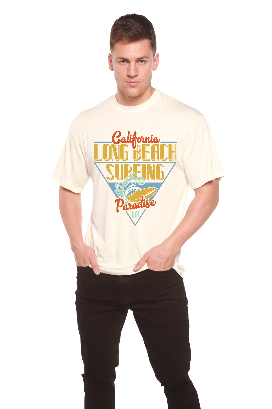 Long Beach Surfing Printed Men's Bamboo Viscose/Organic Cotton Short Sleeve Graphic T-Shirt Spun Bamboo
