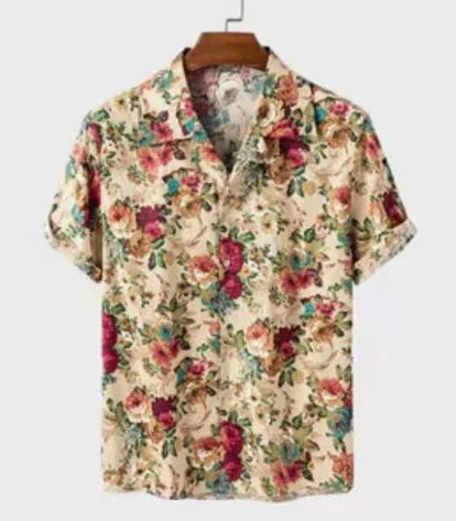 Men's Floral Print Cotton-Linen Short Sleeve Shirt