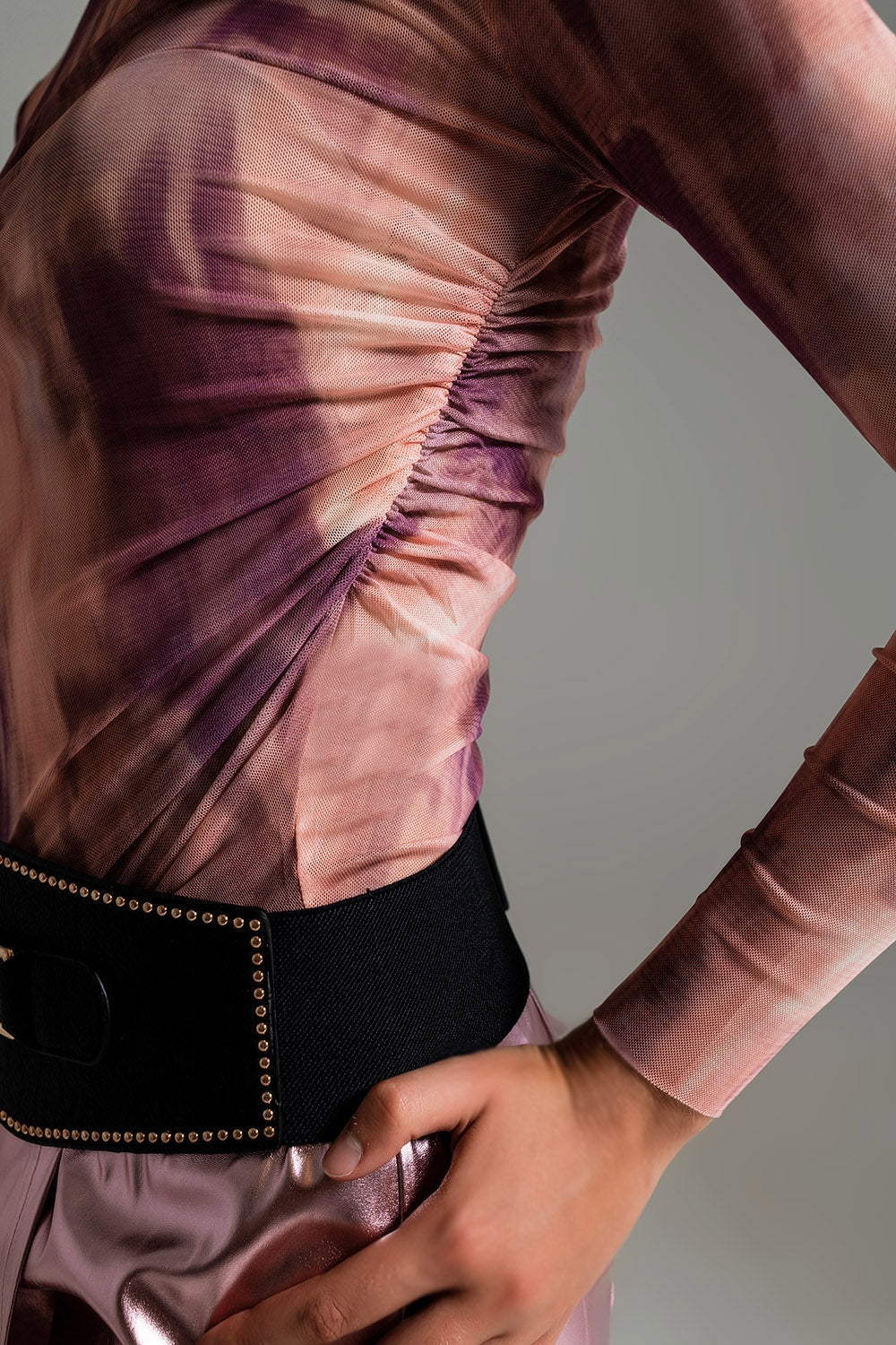 Mesh Top Rouched At The Side In Abstract Pink Print Q2store