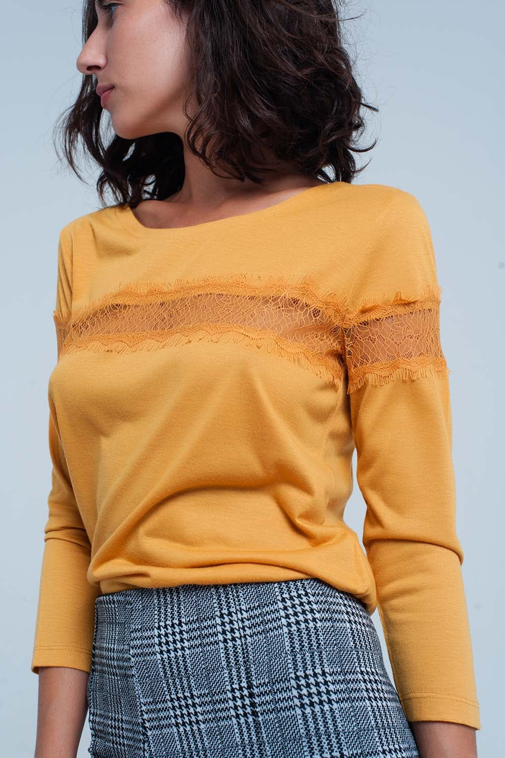 Mustard 3/4 Sleeve T-Shirt With Eyelash Trim Q2store