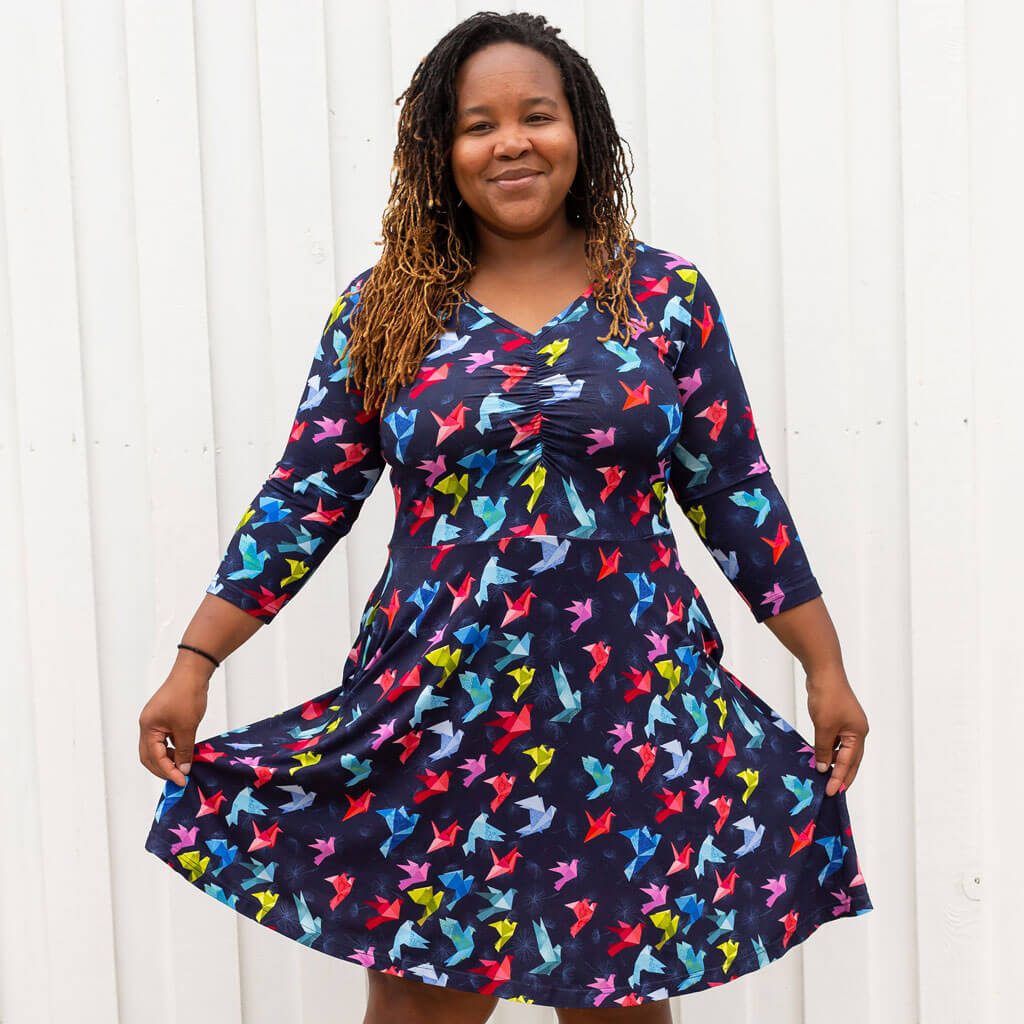 Adult "Flight of Fancy" Origami Birds V-Neck A-Line Dress with Sleeves and Pockets Princess Awesome & Boy Wonder