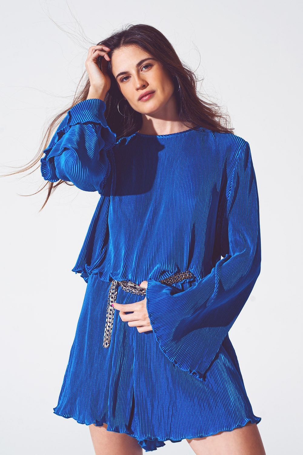 Pleated Round Neck Crop Top in Blue Q2store